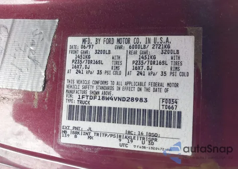 1997 Ford F-150 Lariat/Standard/Xl/Xlt из США, поврежденный, VIN 1FTDF18W4VND28983